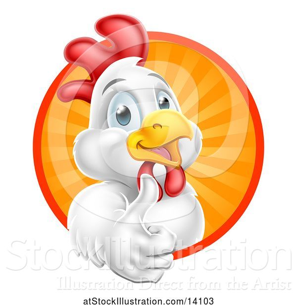 Vector Illustration of White Chicken Giving a Thumb up and Emerging from a Circle of Sun Rays