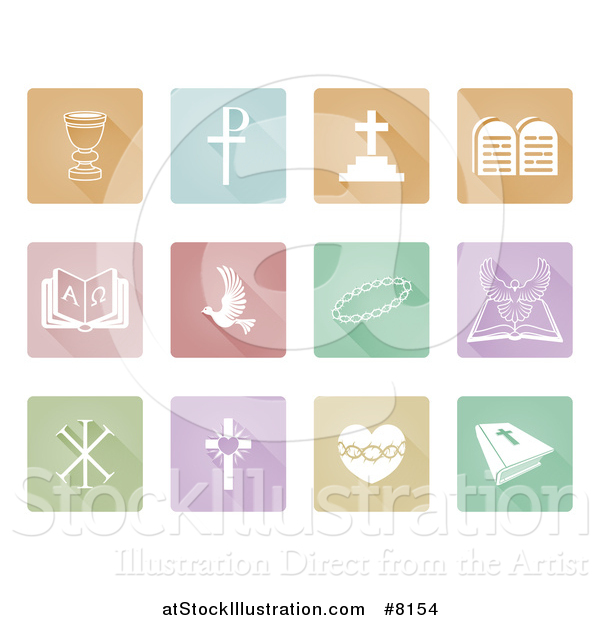 Vector Illustration of White Christian Icons on Colorful Pastel Square Tiles