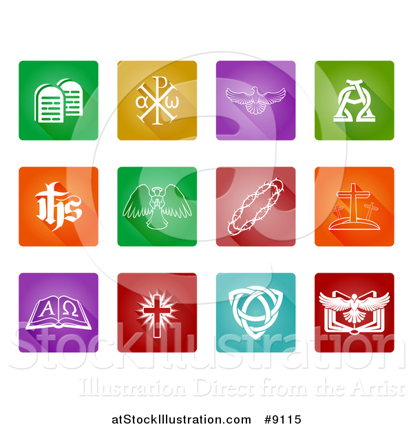 Vector Illustration of White Christian Icons on Colorful Square Tiles with Rounded Corners