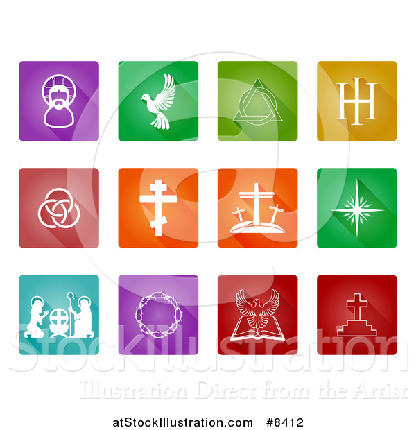 Vector Illustration of White Christian Icons on Colorful Tiles