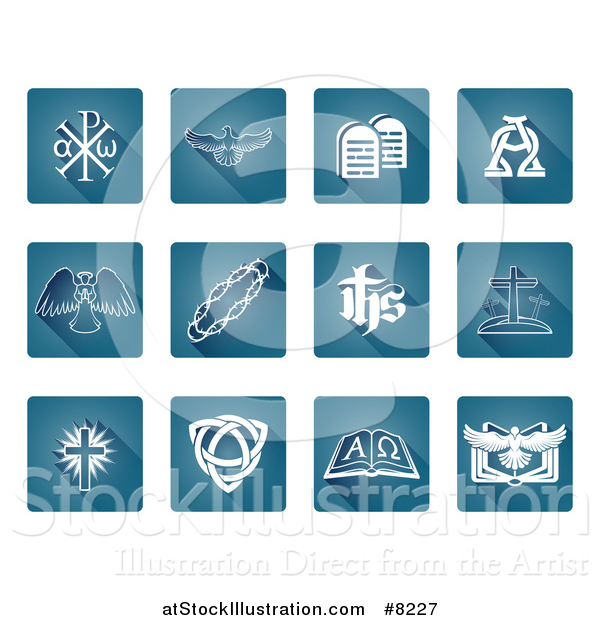 Vector Illustration of White Christian Icons on Gradient Blue Square Tiles with Rounded Corners
