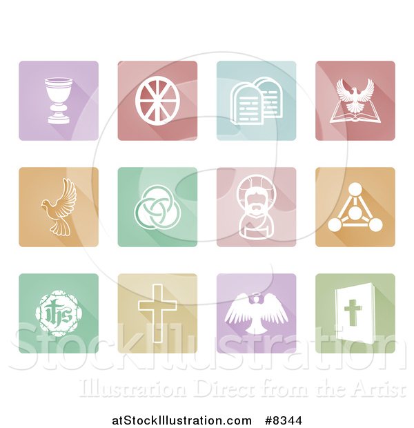 Vector Illustration of White Christian Icons on Pastel Colorful Tiles with Shadows