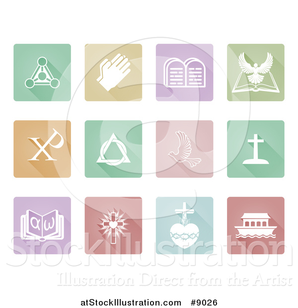 Vector Illustration of White Christian Icons on Square Colorful Pastel Tiles