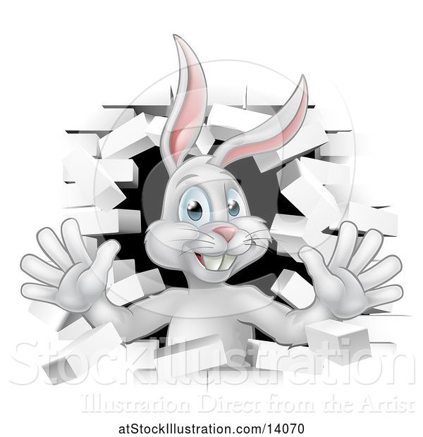 Vector Illustration of White Easter Bunny Rabbit Breaking Through a White Brick Wall