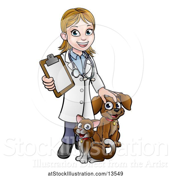 Vector Illustration of White Female Veterinarian Holding a Clipboard and Standing with a Cat and Dog