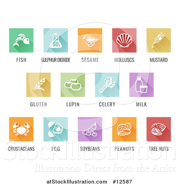 Vector Illustration of White Food Allergy Icons over Colored Square Tiles with Text