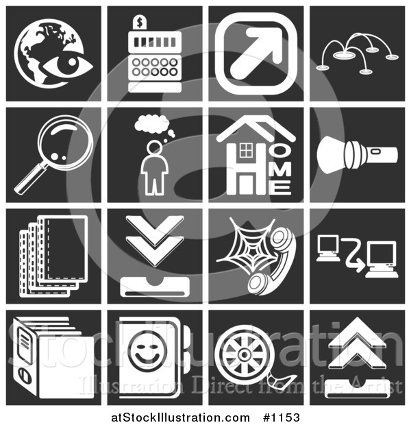 Vector Illustration of White Icons over a Black Background, Including an Eye over a Globe, Cash Register, Arrow, Magnifying Glass, Thought Bubble, Home, Flashlight, Letters, Telephone, Networking, Files, and Film Reel
