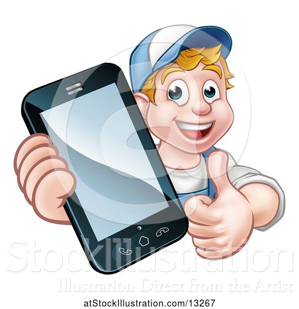 Vector Illustration of White Male Handyman Giving a Thumb up and Holding out a Smart Phone