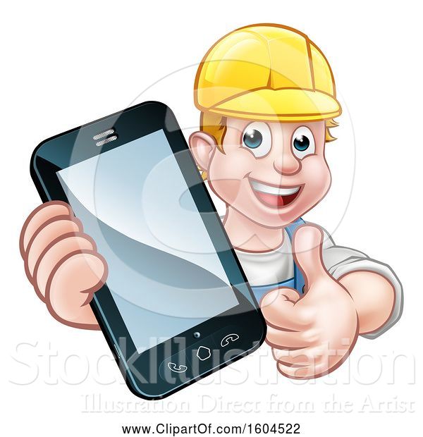 Vector Illustration of White Male Handyman Holding out a Smart Phone and Thumb up over a Sign