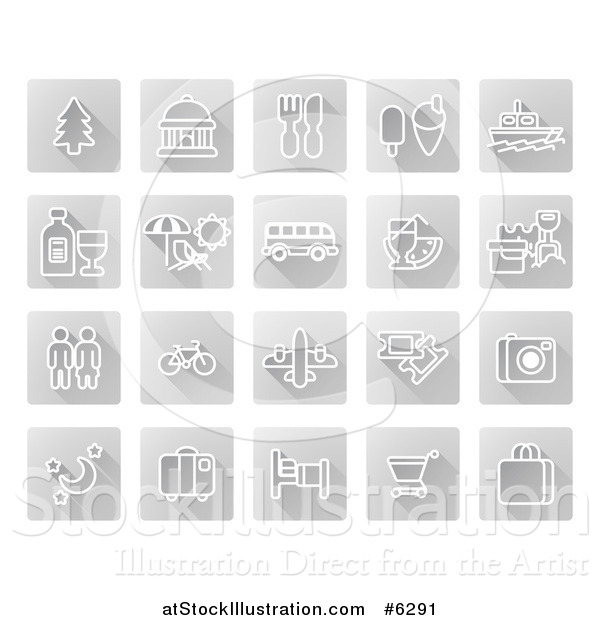 Vector Illustration of White Tourist Icons on Gray Squares