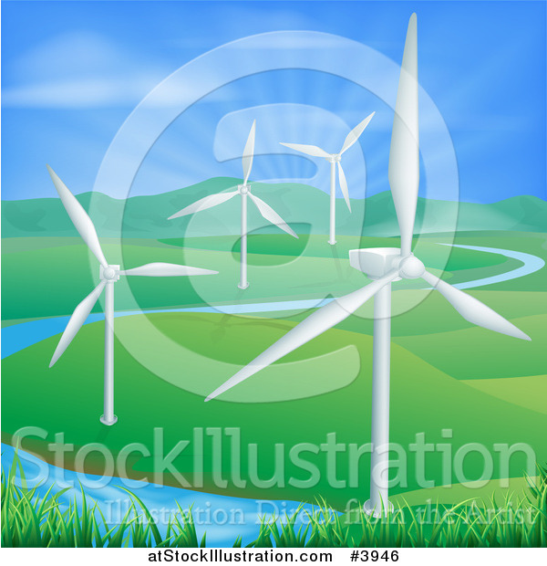 Vector Illustration of Wind Farm Turbines in a Hilly Landscape with a Spring and Sunshine