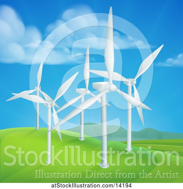 Vector Illustration of Wind Farm with Turbines in a Hilly Landscape