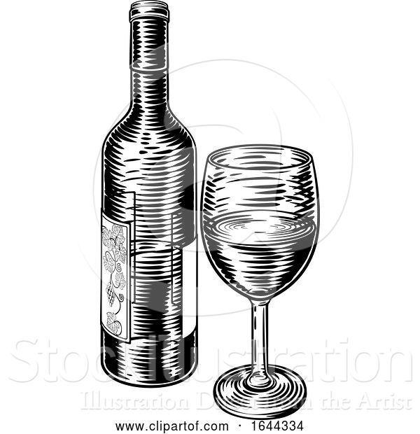 Vector Illustration of Wine Bottle and Glass Vintage Woodcut Etching