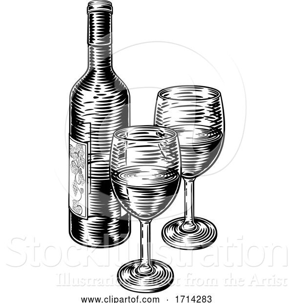 Vector Illustration of Wine Bottle and Glasses Vintage Woodcut Etching