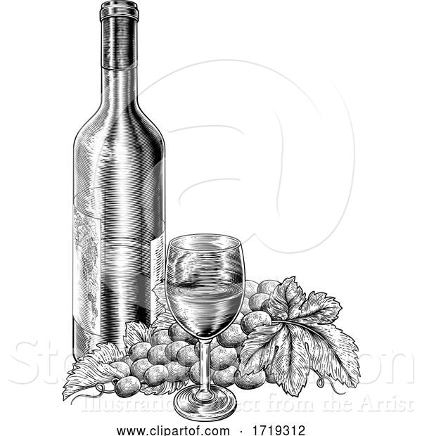 Vector Illustration of Wine Glass Bottle Grapes Vine Bunch Woodcut Style