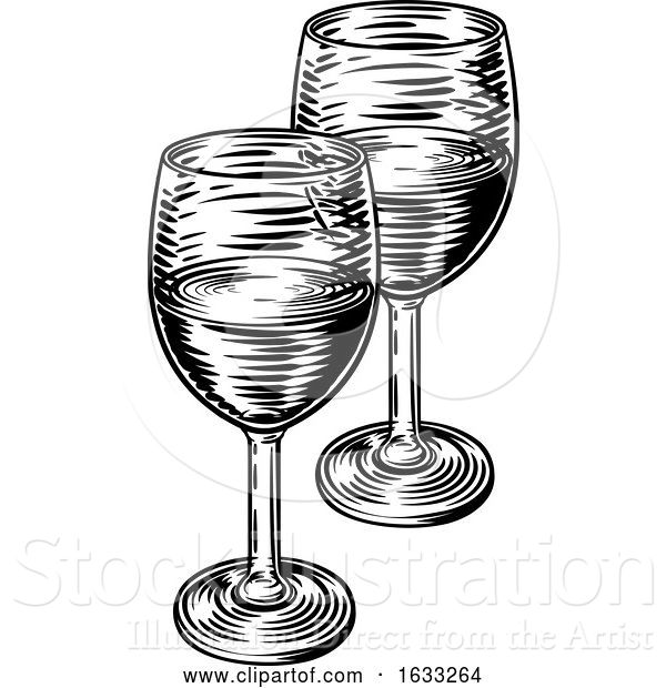 Vector Illustration of Wine Glasses Vintage Woodcut Etching Style