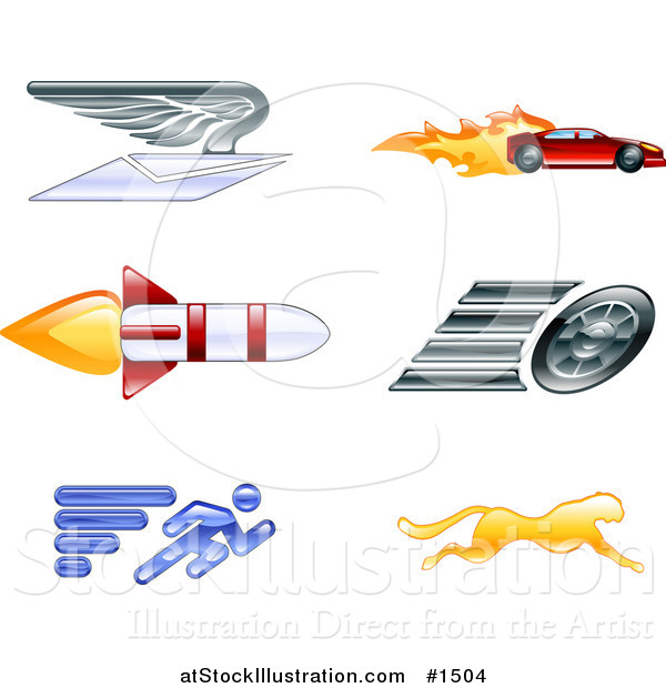 Vector Illustration of Winged Envelope, Sports Car, Rocket, Tire, Sprinter and Cheetah