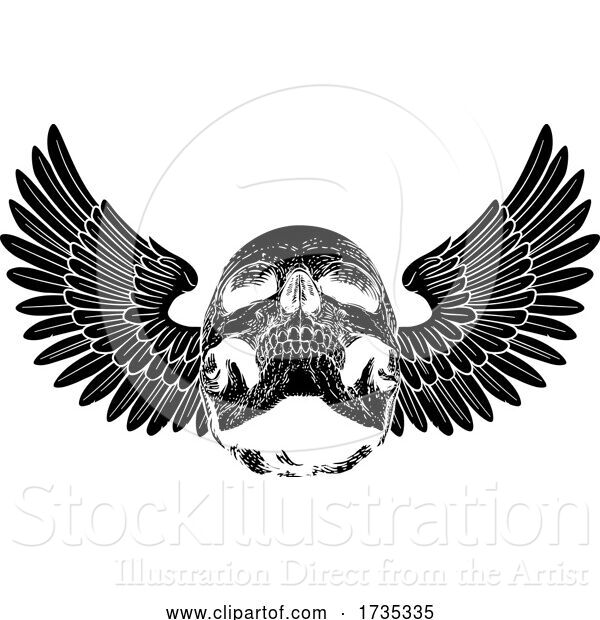 Vector Illustration of Winged Skull Vintage Woodcut Illustration