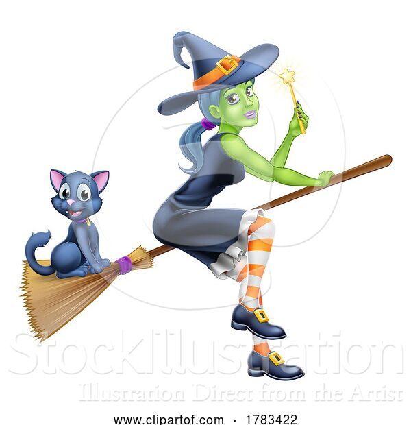 Vector Illustration of Witch Halloween Character on Broom Stick