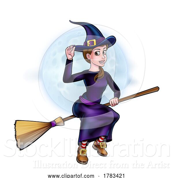 Vector Illustration of Witch Halloween Character on Broom Stick