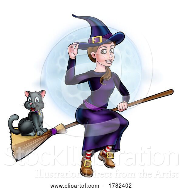 Vector Illustration of Witch Halloween Flying Character and Moon