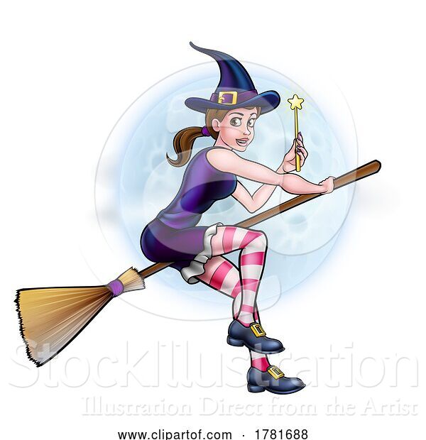 Vector Illustration of Witch Halloween Flying Character and Moon