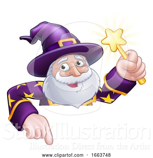 Vector Illustration of Wizard Peeking over Sign Pointing