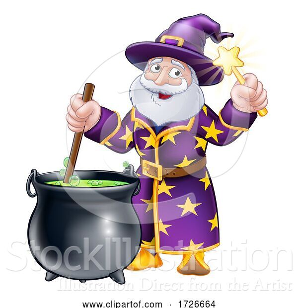 Vector Illustration of Wizard with Cauldron and Wand