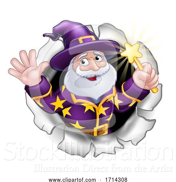 Vector Illustration of Wizard with Wand Breaking Through Background