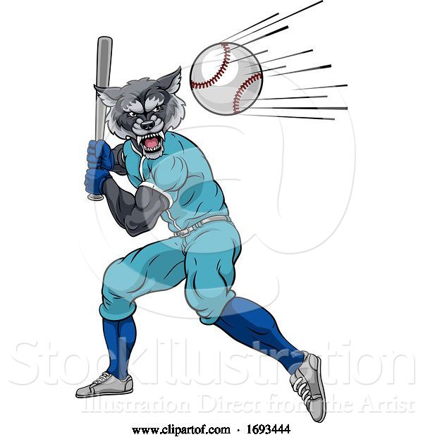 Vector Illustration of Wolf Baseball Player Mascot Swinging Bat at Ball