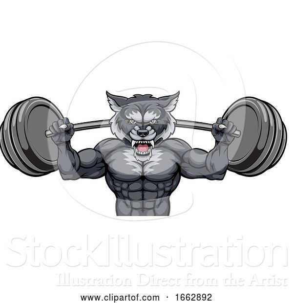Vector Illustration of Wolf Mascot Weight Lifting Barbell Body Builder