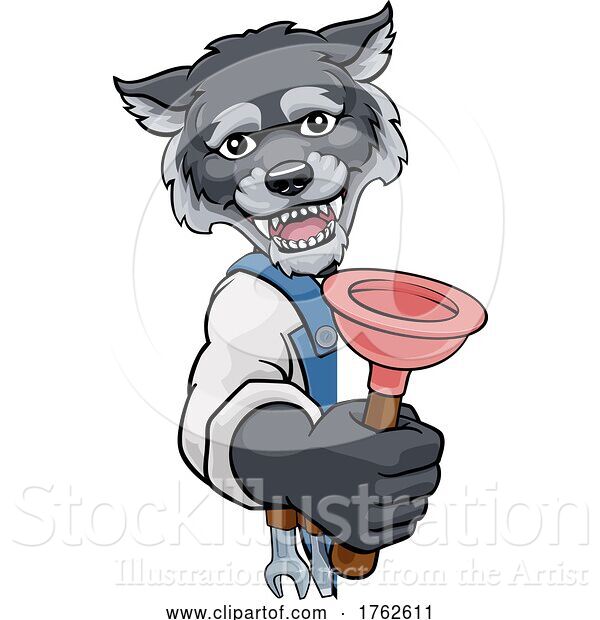 Vector Illustration of Wolf Plumber Mascot Holding Plunger