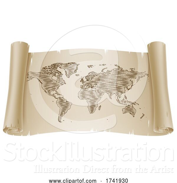 Vector Illustration of World Map Drawing Old Woodcut Engraved Scroll