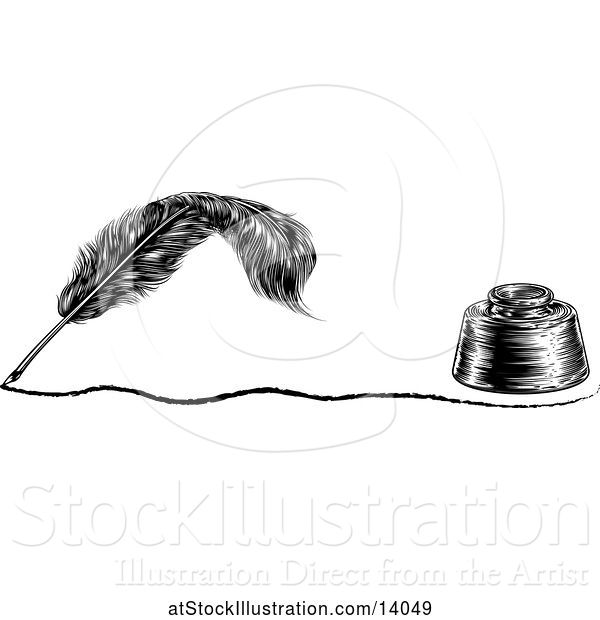 Vector Illustration of Writing Feather Quill Pen with a Line and Ink Well
