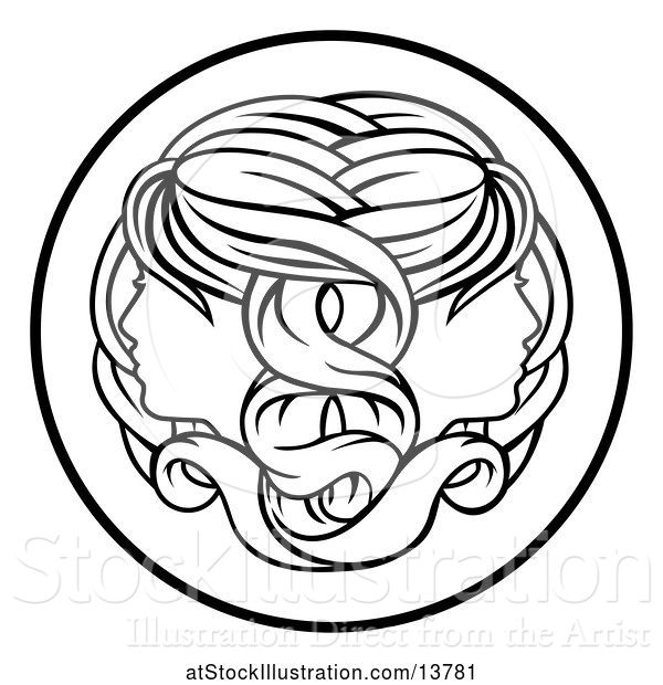 Vector Illustration of Zodiac Horoscope Astrology Gemini Twins Circle Design in Black and White