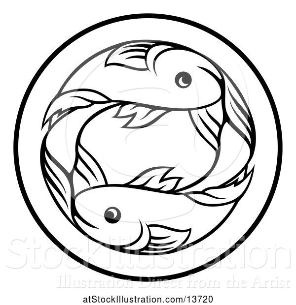 Vector Illustration of Zodiac Horoscope Astrology Pisces Fish Circle Design in Black and White