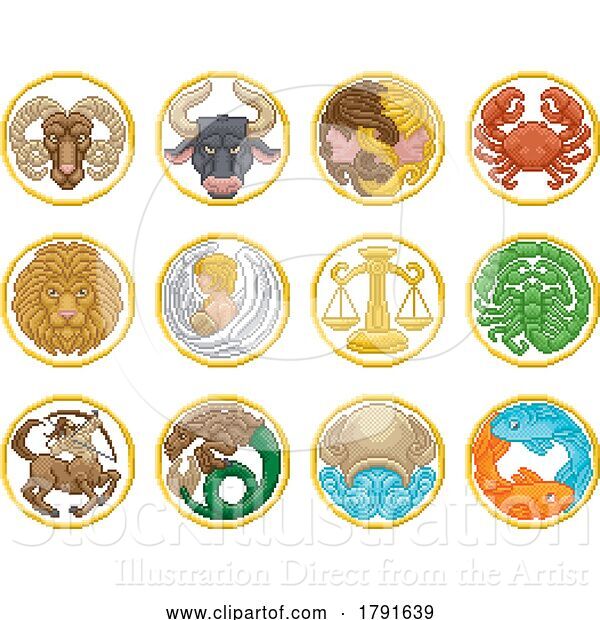 Vector Illustration of Zodiac Horoscope Pixel Art Astrology Star Signs