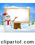 Illustration of a Christmas Snowman Presenting a Wooden Sign by AtStockIllustration