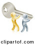 Vector Illustration of 3d Gold and Silver Men Holding up a Giant Key by AtStockIllustration