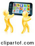 Vector Illustration of 3d Gold Men Carrying a Giant Smart Cell Phone with App Icons on the Screen by AtStockIllustration