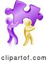 Vector Illustration of 3d Purple and Gold Men Carrying a Large Solution Puzzle Piece by AtStockIllustration