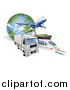 Vector Illustration of a 3d Big Rig, Train, Cargo Ship and Airplane with a Globe by AtStockIllustration
