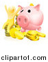 Vector Illustration of a 3d Cheering Successful Gold Man with Coins and a Giant Piggy Bank by AtStockIllustration