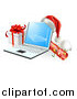 Vector Illustration of a 3d Christmas Laptop with a Hat Cracker Bauble and Gift by AtStockIllustration