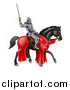 Vector Illustration of a 3d Full Armored Medieval Knight on a Black Horse, Holding up a Sword by AtStockIllustration