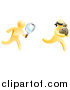 Vector Illustration of a 3d Gold Detective Chasing a Thief with a Magnifying Glass by AtStockIllustration