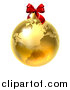 Vector Illustration of a 3d Gold Earth Globe Christmas Bauble with a Red Bow by AtStockIllustration