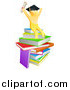 Vector Illustration of a 3d Gold Man Graduate Cheering with a Diploma on Books by AtStockIllustration