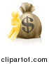 Vector Illustration of a 3d Gold Man Leaning Against a Large Dollar Money Bag by AtStockIllustration