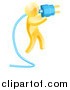 Vector Illustration of a 3d Gold Man Plugging in a Blue Cable by AtStockIllustration